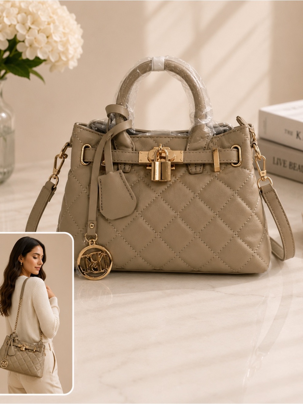 $129 Badgley Mischka Mini Satchel Tote Beige Quilted Detachable shoulder strap